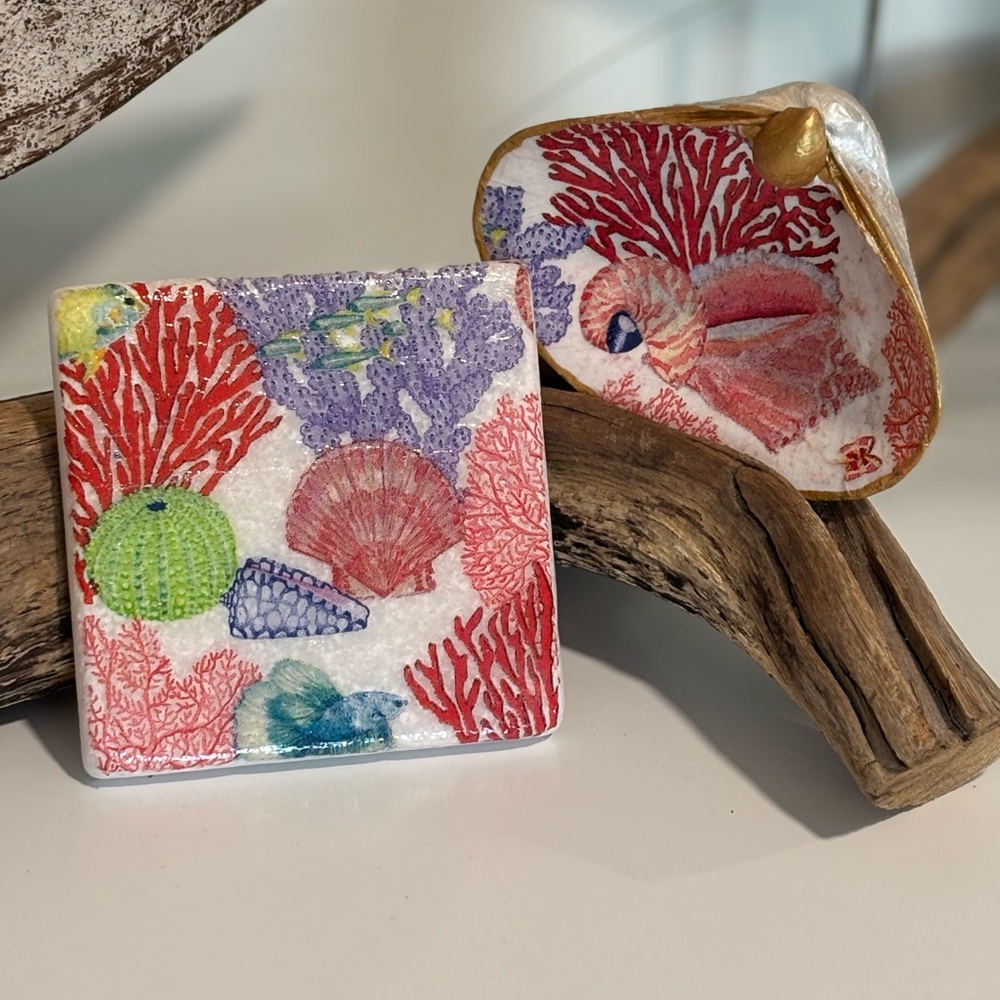 Under the Sea Coaster and Clamshell Trinket Holder set